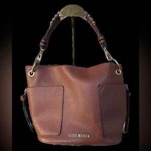STEVE MADDEN BUCKET BAG NWOT, Chestnut Brown, Gold Bead Accents on Handles